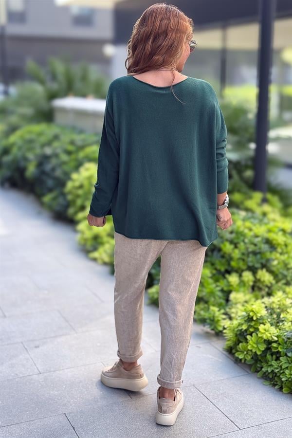 Kayık Yaka Kuzu Yünü Triko Nefti Yeşil Renk