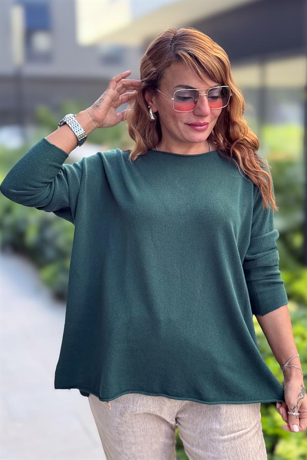 Kayık Yaka Kuzu Yünü Triko Nefti Yeşil Renk