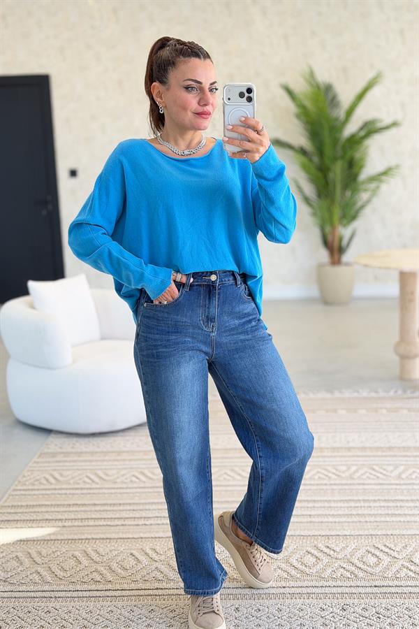 Kayık Yaka Kuzu Yünü Triko Turkuaz Renk