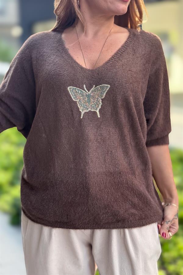 Kelebek Baskılı Yarım Kol Angora Kazak Acı Kahve Renk