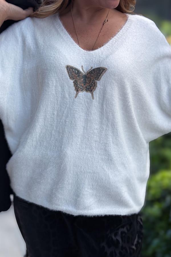 Kelebek Baskılı Yarım Kol Angora Kazak Beyaz Renk