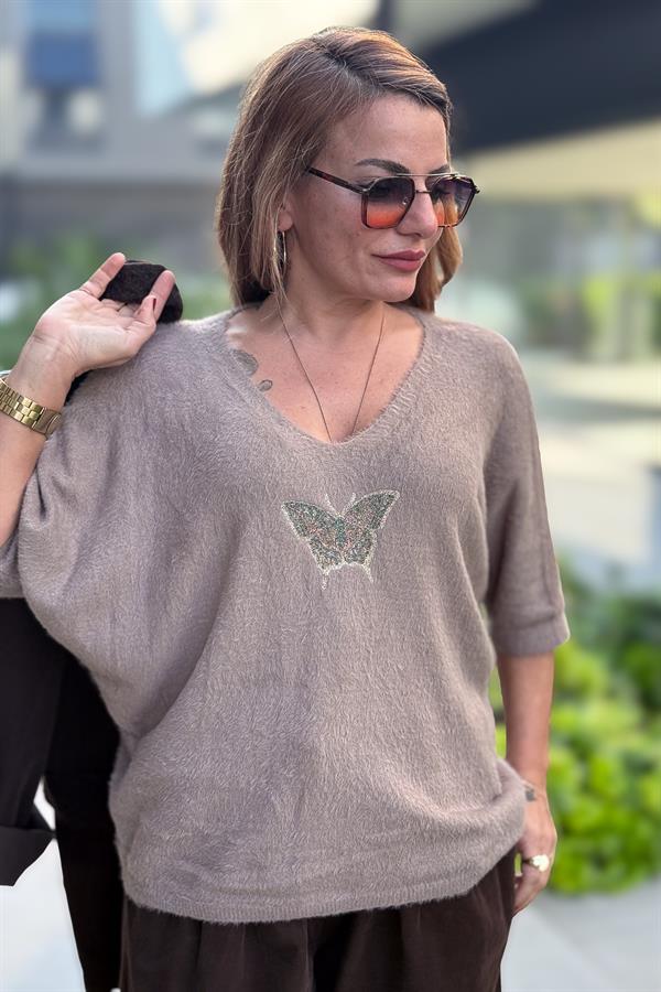 Kelebek Baskılı Yarım Kol Angora Kazak Vizon Renk