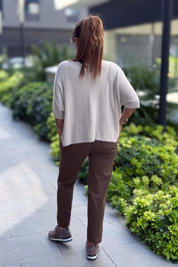 Kelebek Baskılı Yarım Kol Angora Kazak Bej Renk