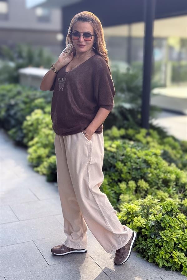 Kelebek Baskılı Yarım Kol Angora Kazak Acı Kahve Renk