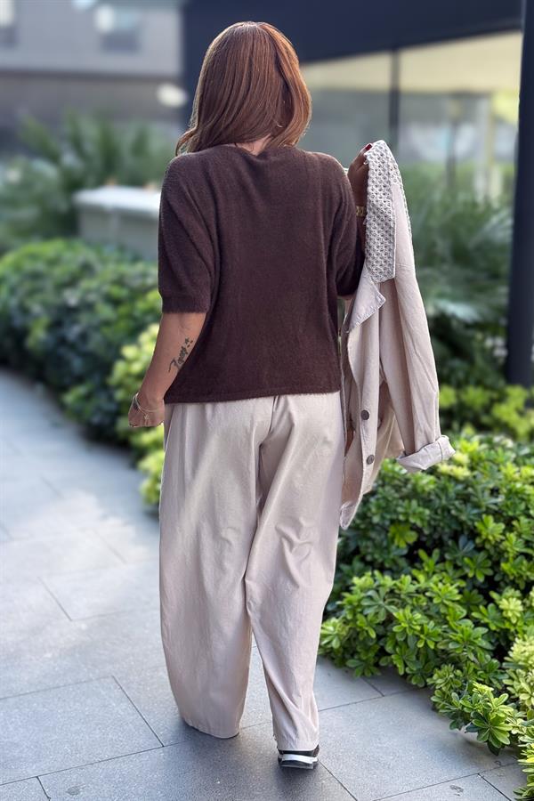 Kelebek Baskılı Yarım Kol Angora Kazak Acı Kahve Renk