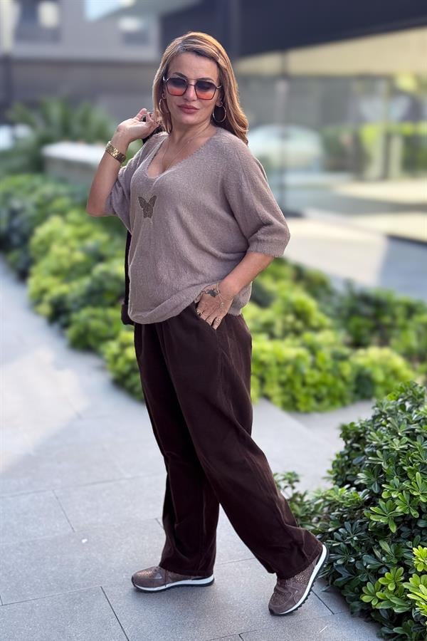 Kelebek Baskılı Yarım Kol Angora Kazak Vizon Renk