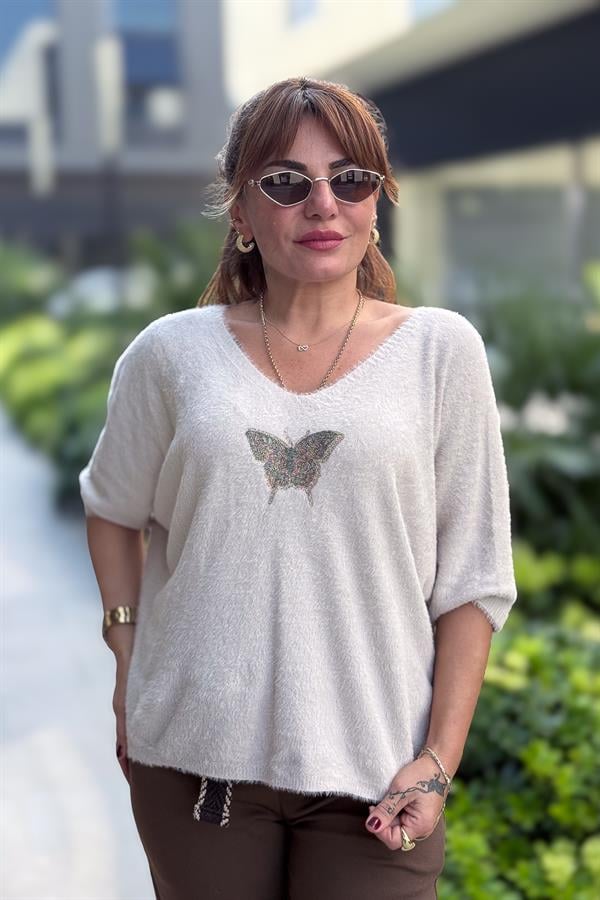 Kelebek Baskılı Yarım Kol Angora Kazak Bej Renk