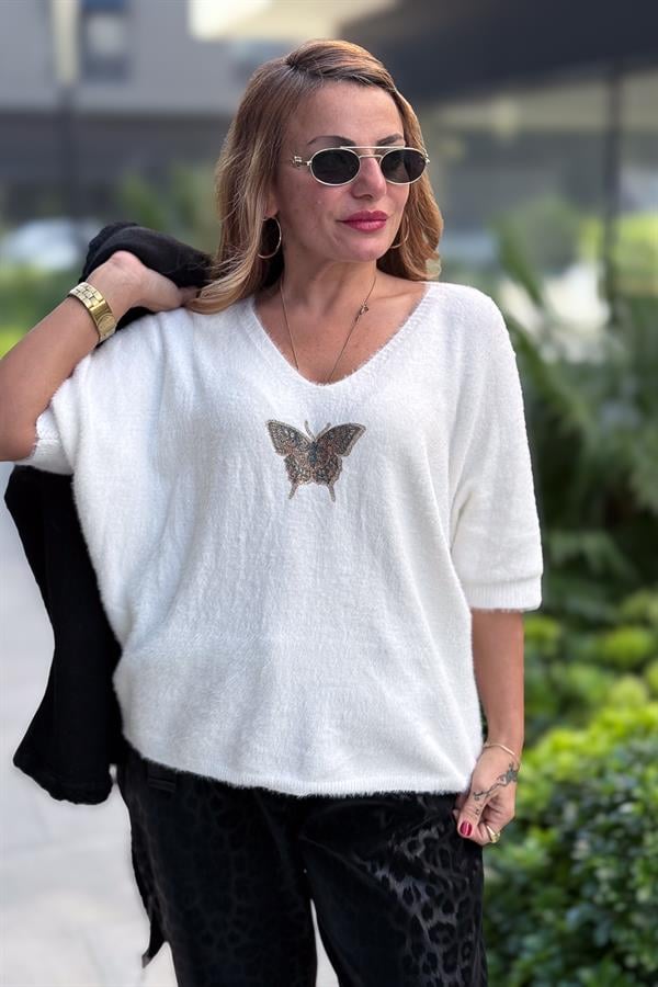 Kelebek Baskılı Yarım Kol Angora Kazak Beyaz Renk