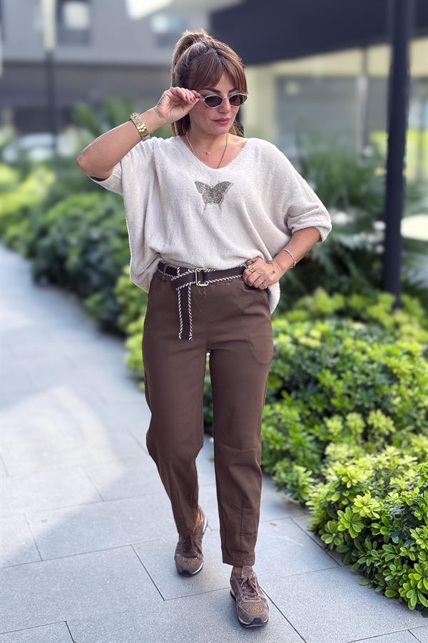 Kelebek Baskılı Yarım Kol Angora Kazak Bej Renk