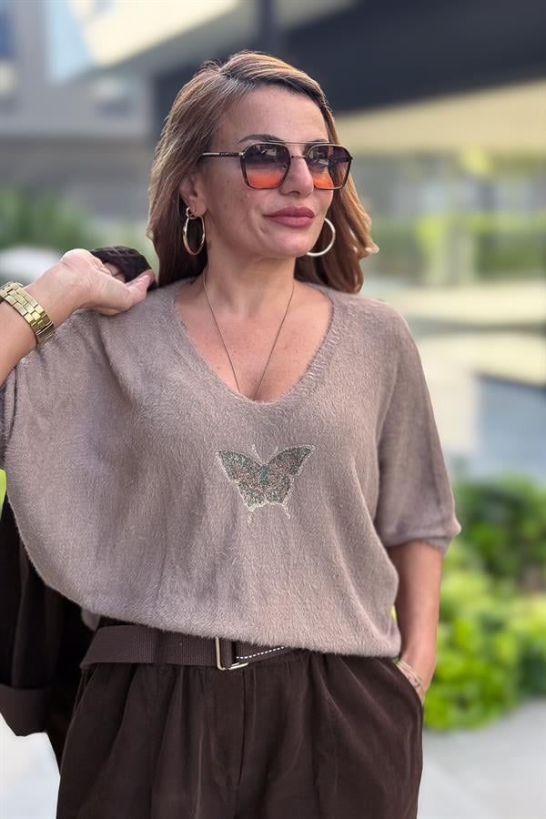 Kelebek Baskılı Yarım Kol Angora Kazak Vizon Renk