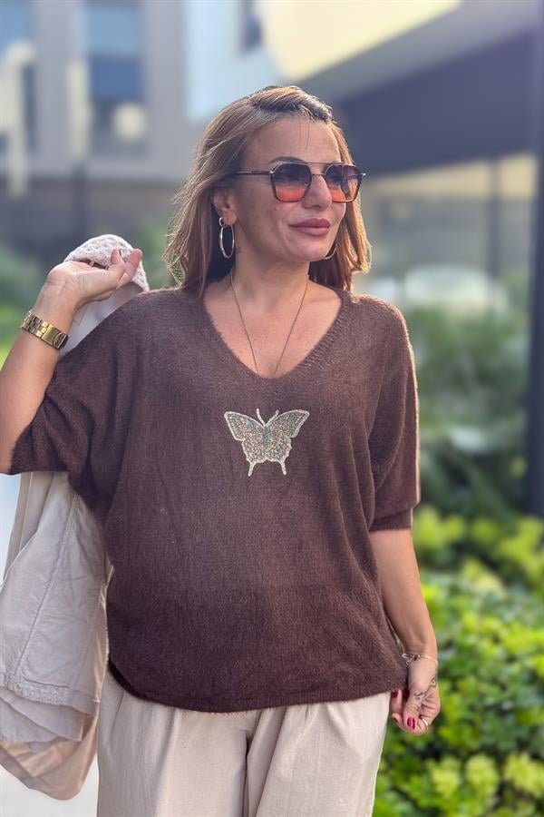 Kelebek Baskılı Yarım Kol Angora Kazak Acı Kahve Renk