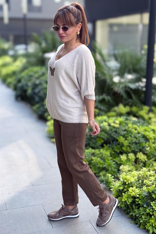 Kelebek Baskılı Yarım Kol Angora Kazak Bej Renk