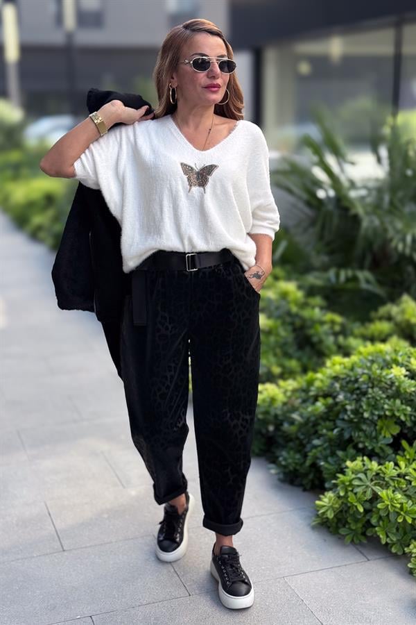 Kelebek Baskılı Yarım Kol Angora Kazak Beyaz Renk