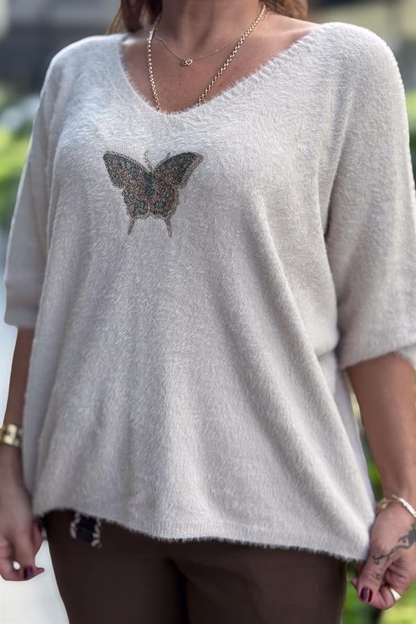 Kelebek Baskılı Yarım Kol Angora Kazak Bej Renk