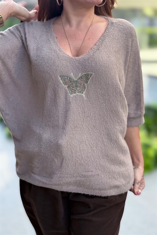 Kelebek Baskılı Yarım Kol Angora Kazak Vizon Renk