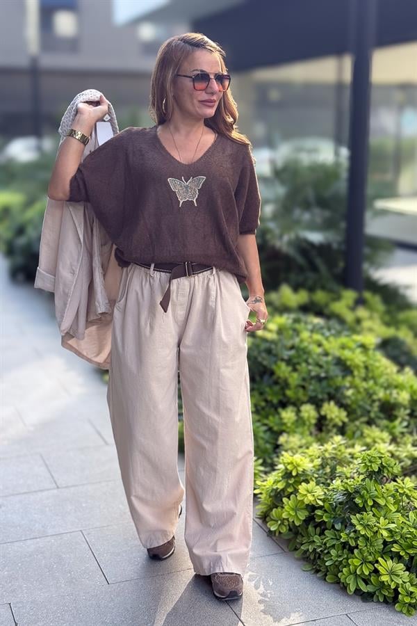 Kelebek Baskılı Yarım Kol Angora Kazak Acı Kahve Renk