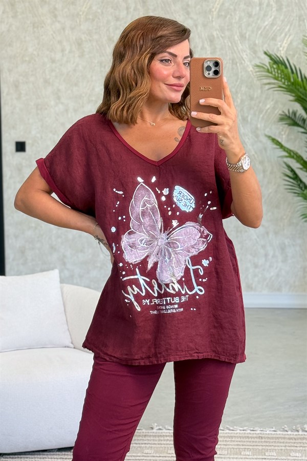 Kelebek Desenli V Yaka Önü Keten Arkası Pamuklu Bluz Bordo Renk