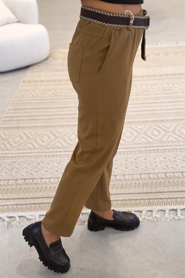 Kemerli Kanvas Pantolon Camel Renk