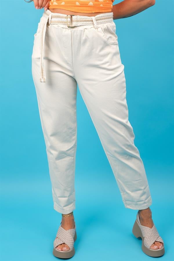 Kemerli Likralı Viskon Pantolon Açık Bej Renk