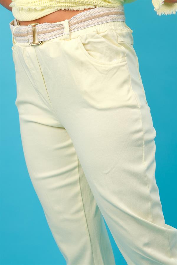 Kemerli Likralı Viskon Pantolon Limon Sarı Renk