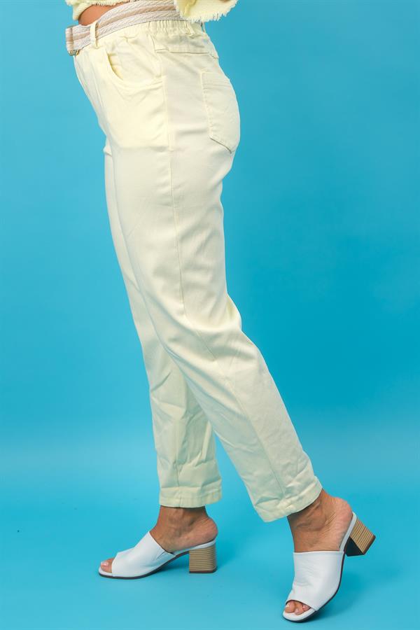 Kemerli Likralı Viskon Pantolon Limon Sarı Renk