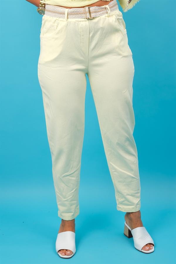 Kemerli Likralı Viskon Pantolon Limon Sarı Renk