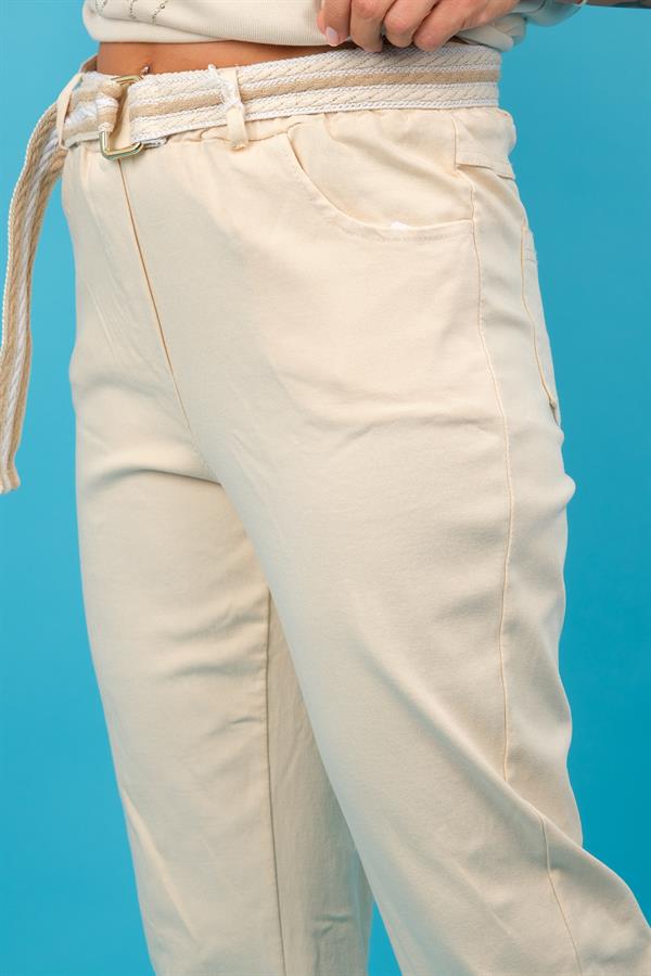 Kemerli Likralı Viskon Pantolon Tereyağ Renk