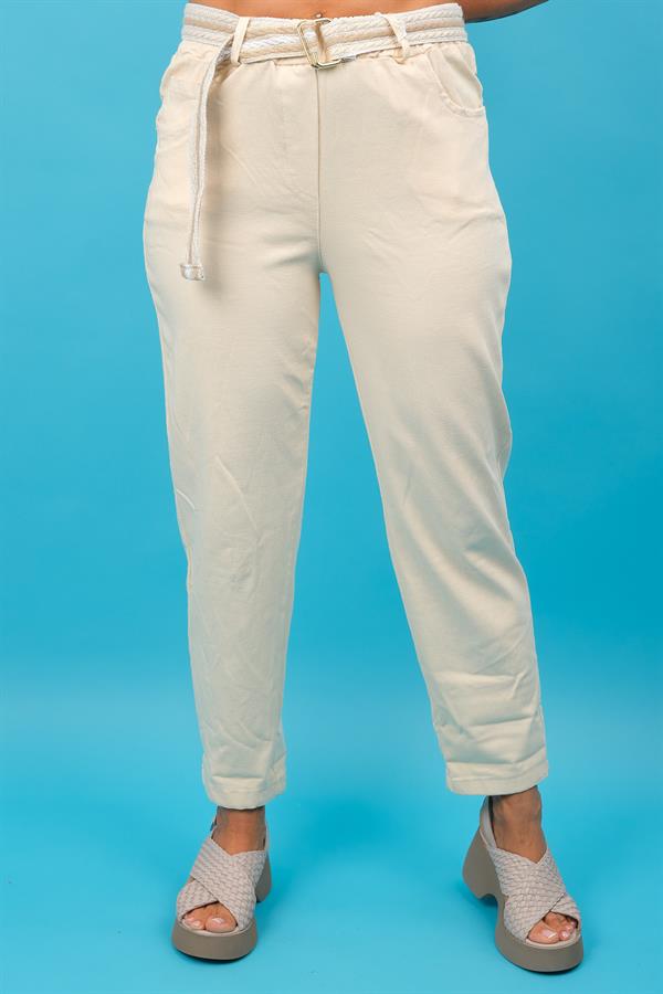 Kemerli Likralı Viskon Pantolon Tereyağ Renk