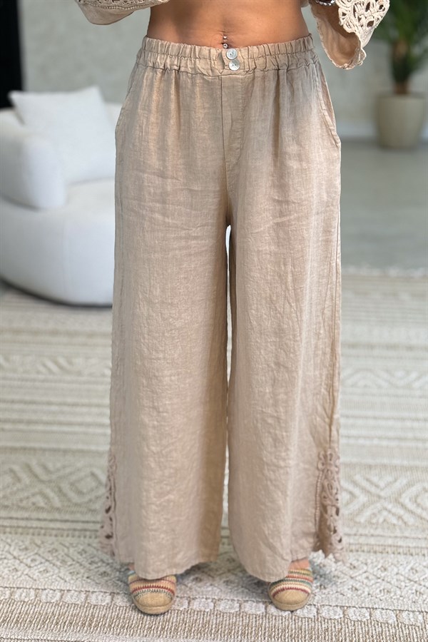 Kenarları Güpür Detaylı Gömlek Pantolon Alt Üst Keten Takım Camel Renk