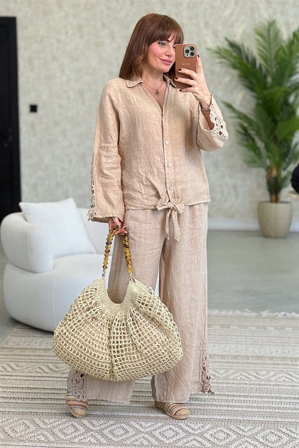 Kenarları Güpür Detaylı Gömlek Pantolon Alt Üst Keten Takım Camel Renk