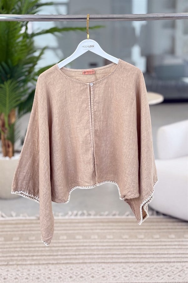 Kenarları Oya İşlemeli Keten Bolero Camel RenkCEKET