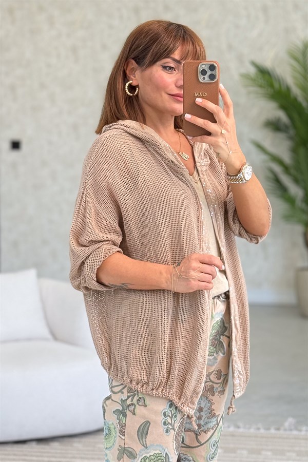 Kenarları Pul Detaylı File Ceket Camel Renk