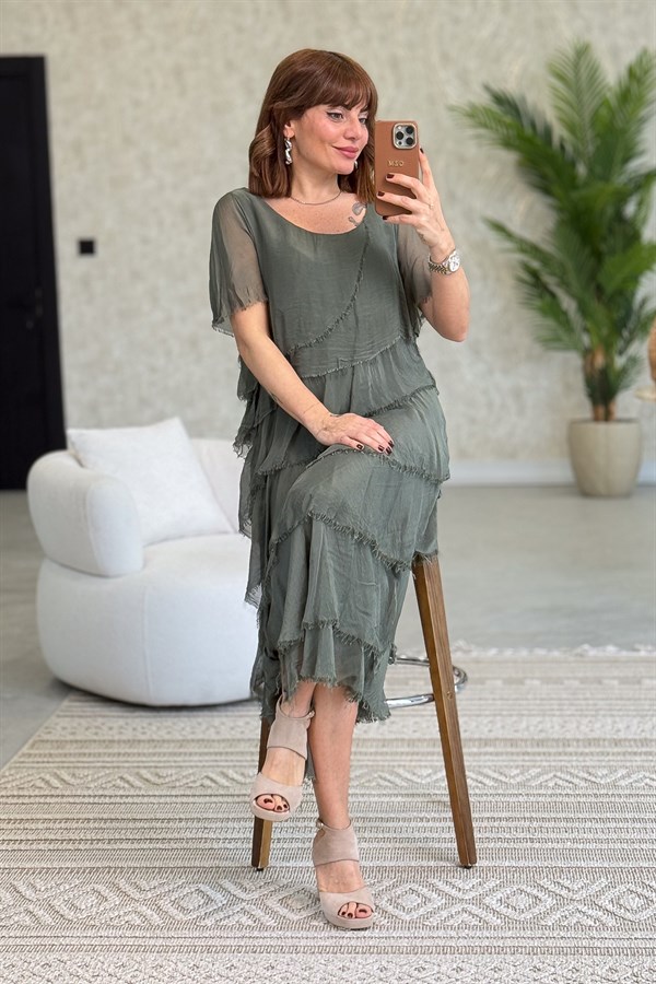 Kısa Kollu Kat Kat İpek Elbise Haki Renk