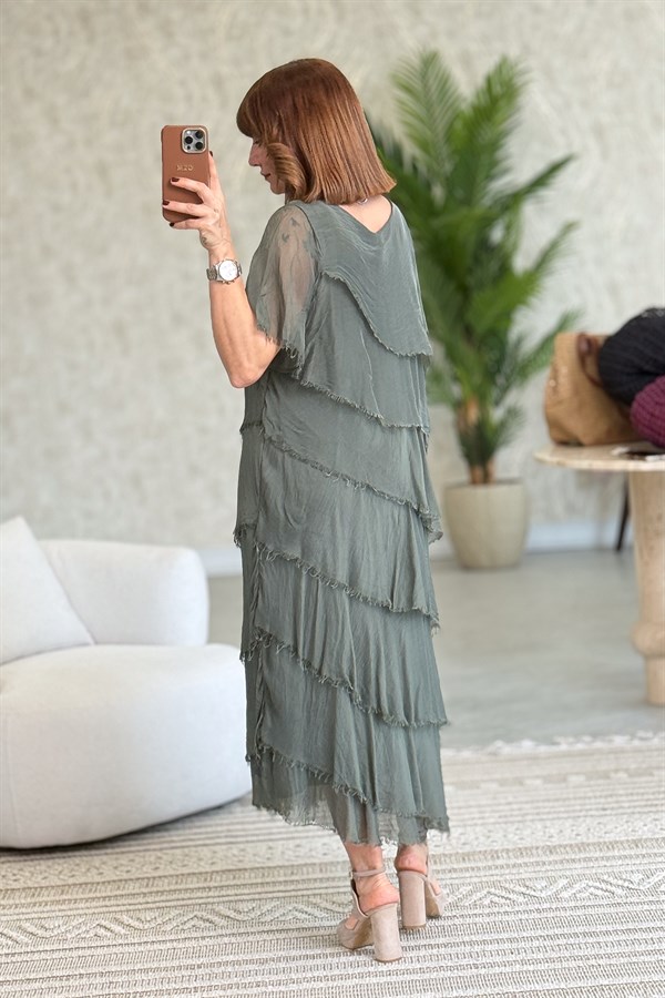 Kısa Kollu Kat Kat İpek Elbise Haki Renk