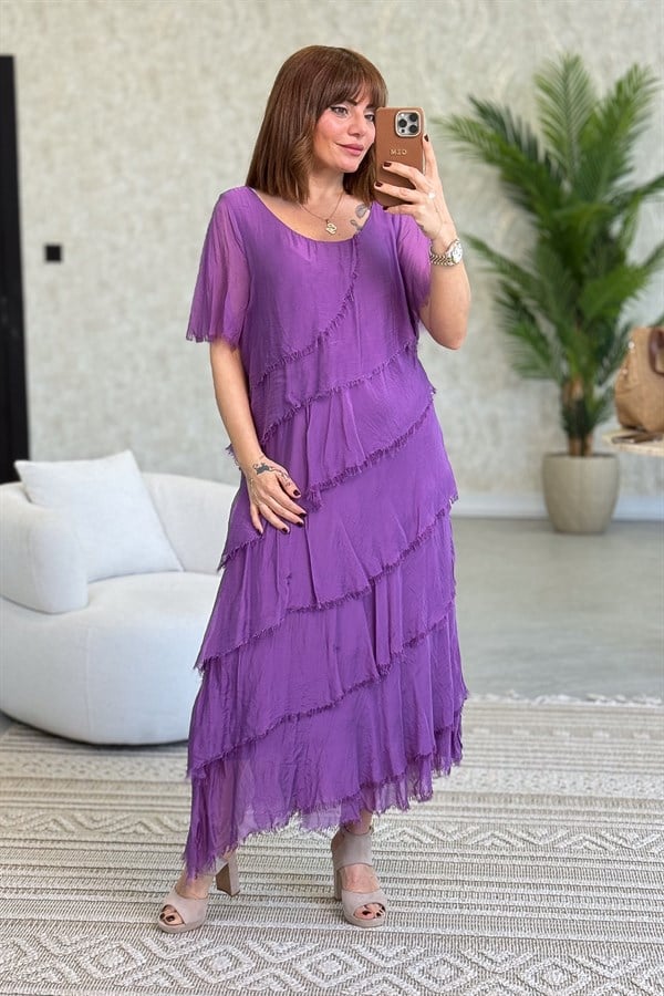Kısa Kollu Kat Kat İpek Elbise Mor Renk