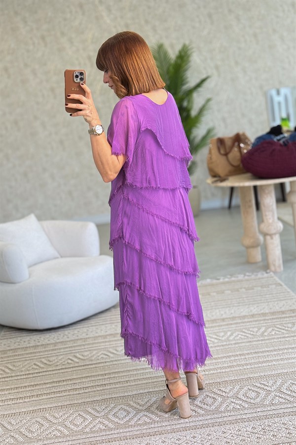 Kısa Kollu Kat Kat İpek Elbise Mor Renk