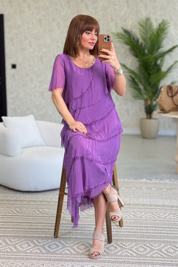 Kısa Kollu Kat Kat İpek Elbise Mor Renk