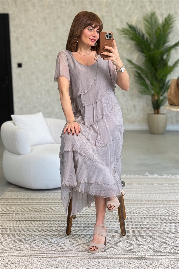 Kısa Kollu Kat Kat İpek Elbise Vizon Renk