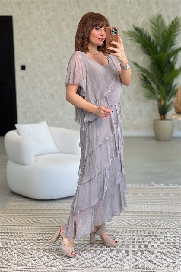 Kısa Kollu Kat Kat İpek Elbise Vizon Renk