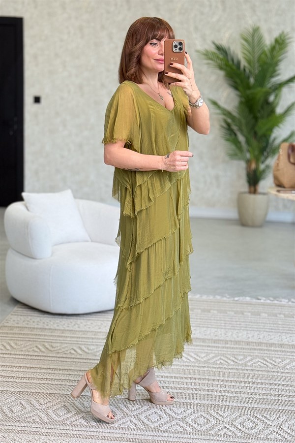 Kısa Kollu Kat Kat İpek Elbise Yağ Yeşili Renk