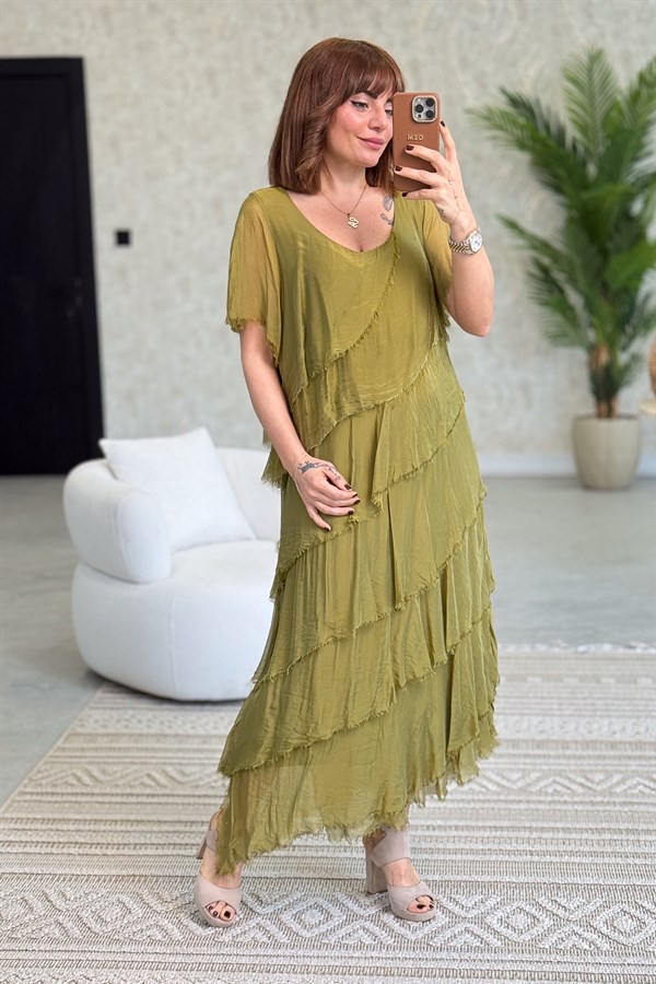 Kısa Kollu Kat Kat İpek Elbise Yağ Yeşili Renk