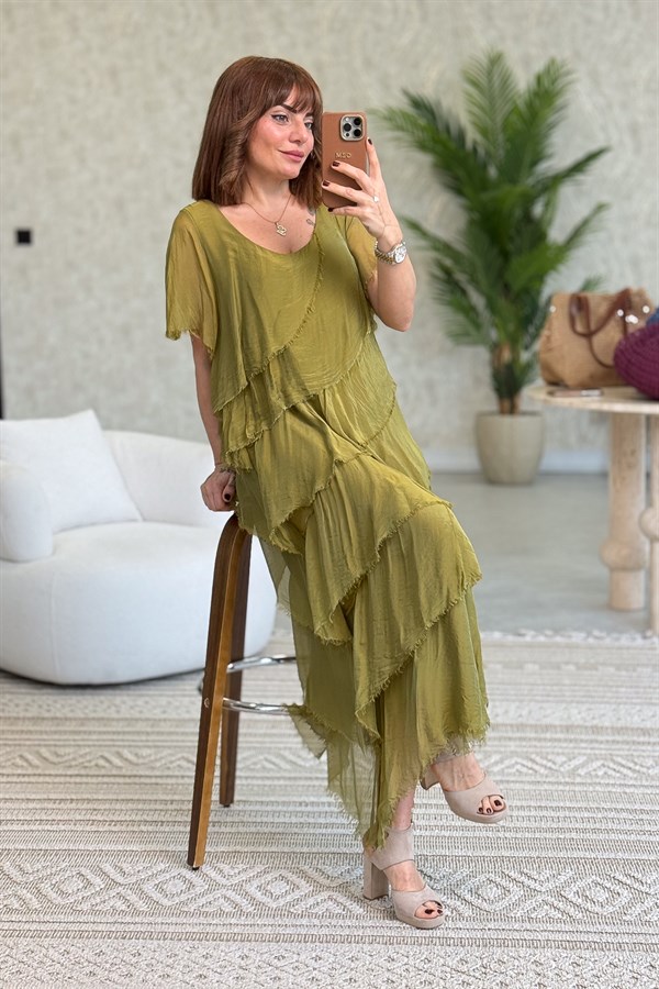 Kısa Kollu Kat Kat İpek Elbise Yağ Yeşili Renk
