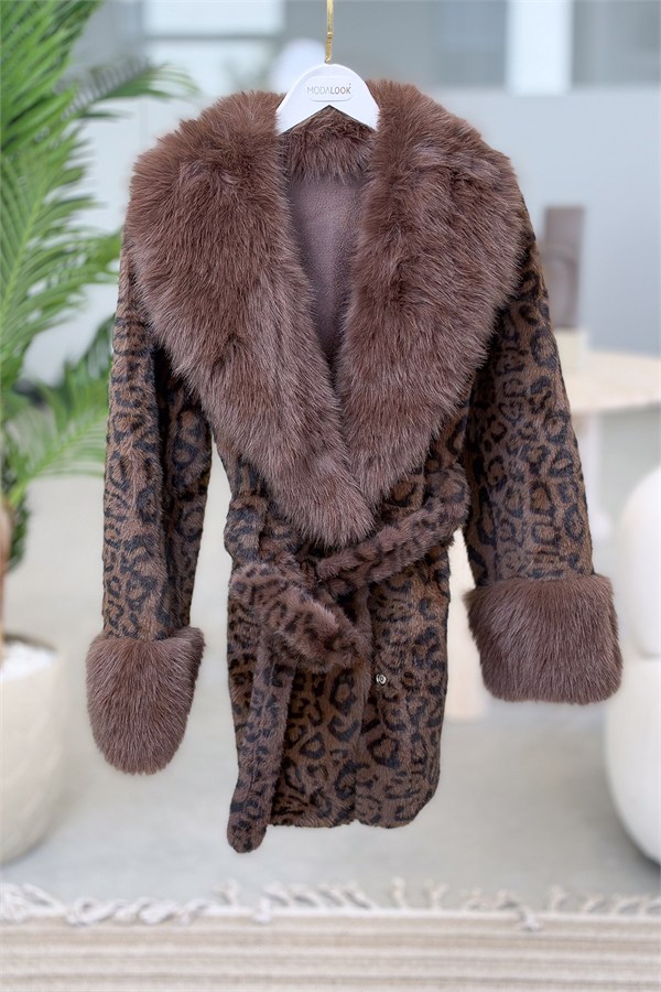 Kolları Ve Yakası Kürklü İçi Güderili Leopar Desenli Kürk Kahverengi Renk