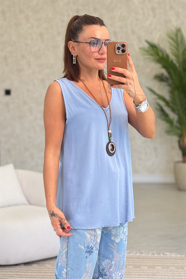 Kolyeli Viskon Kolsuz Bluz İndigo Renk