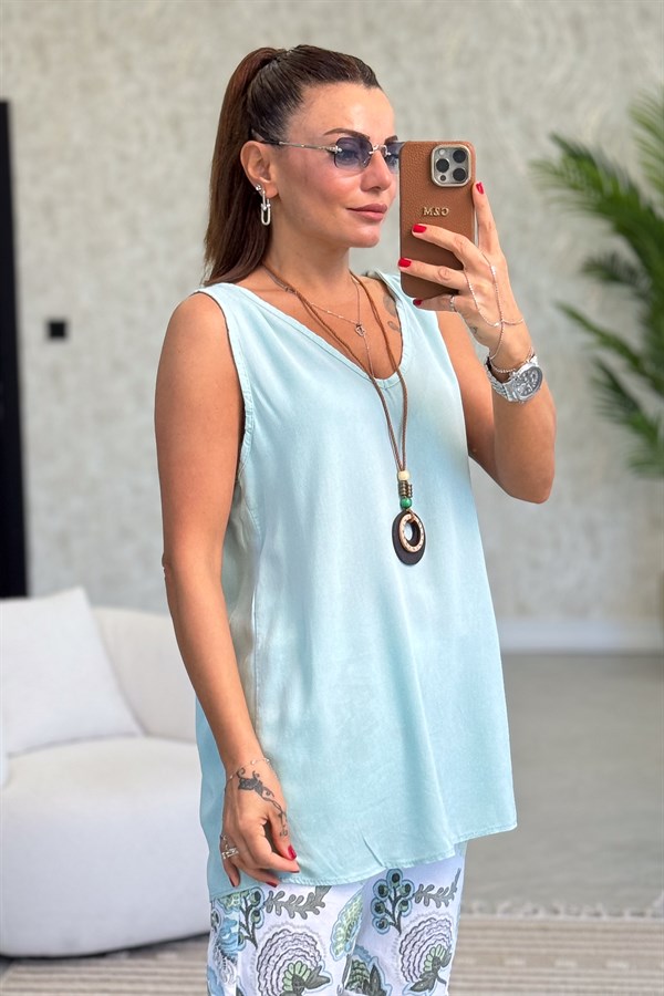 Kolyeli Viskon Kolsuz Bluz Mint Renk
