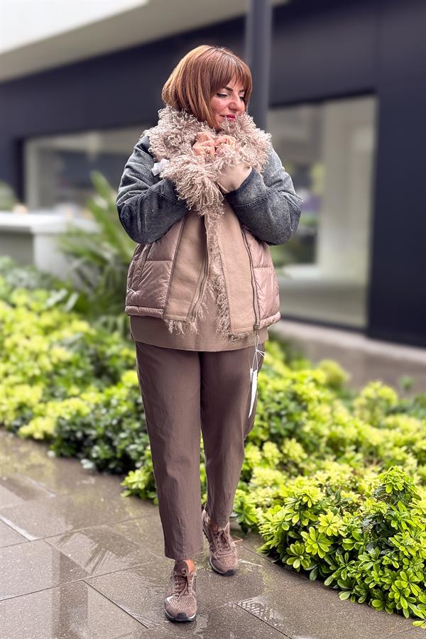 Kot Yamalı Ve Tüylü Mont Camel Renk