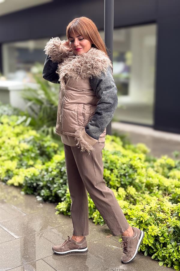 Kot Yamalı Ve Tüylü Mont Camel Renk
