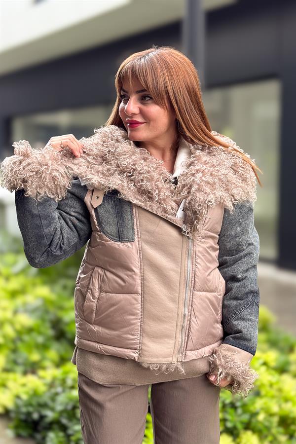 Kot Yamalı Ve Tüylü Mont Camel Renk