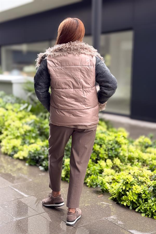 Kot Yamalı Ve Tüylü Mont Camel Renk