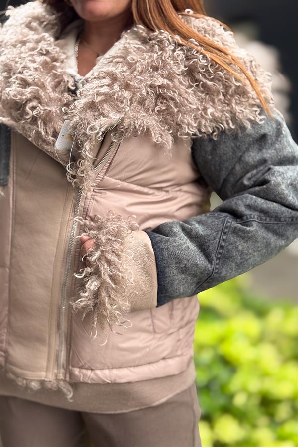 Kot Yamalı Ve Tüylü Mont Camel Renk